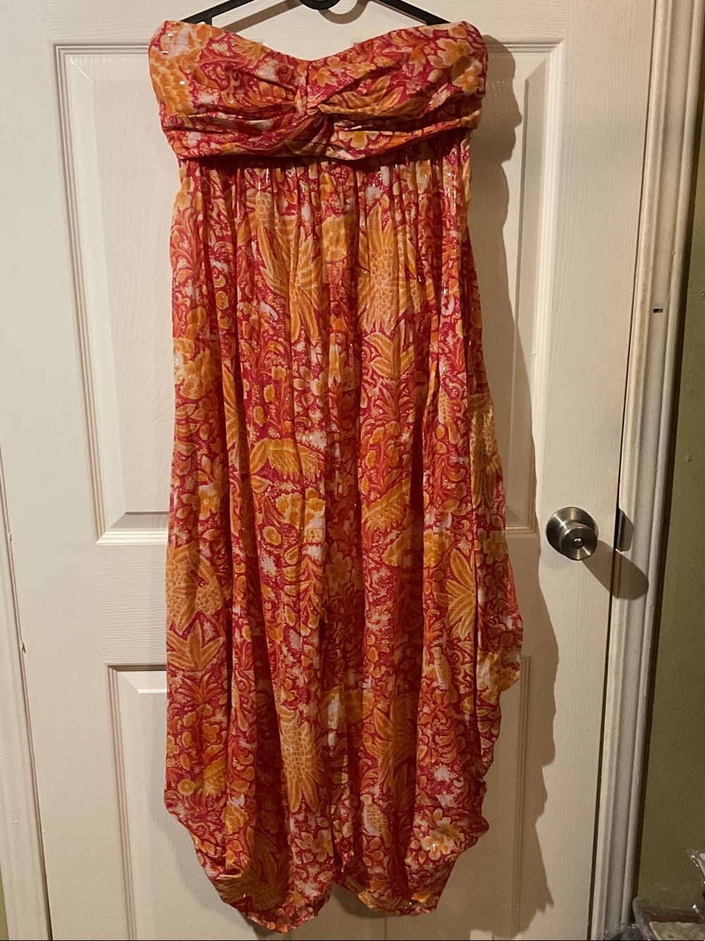 Anthropologie Strapless Wide-Leg Harem Jumpsuit in Red and Gold Floral Print